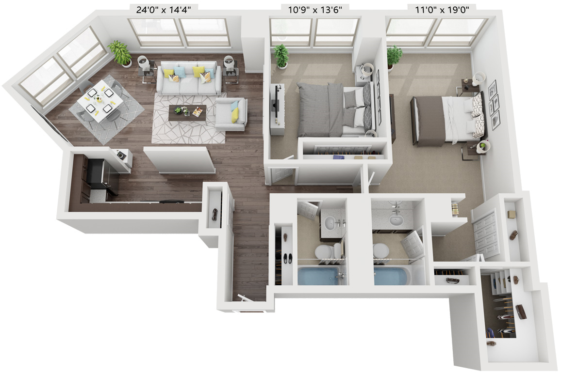 Floor plan for 2 beds, 2 baths, 1101 sqft